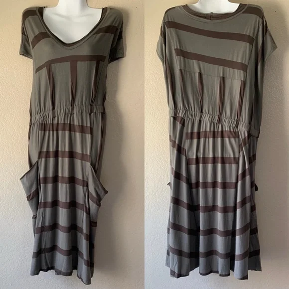 LUNN Lagenlook Gray Stripe Asymmetrical Waist Cap Sleeve Midi Dress Size 4 - Picture 2 of 7
